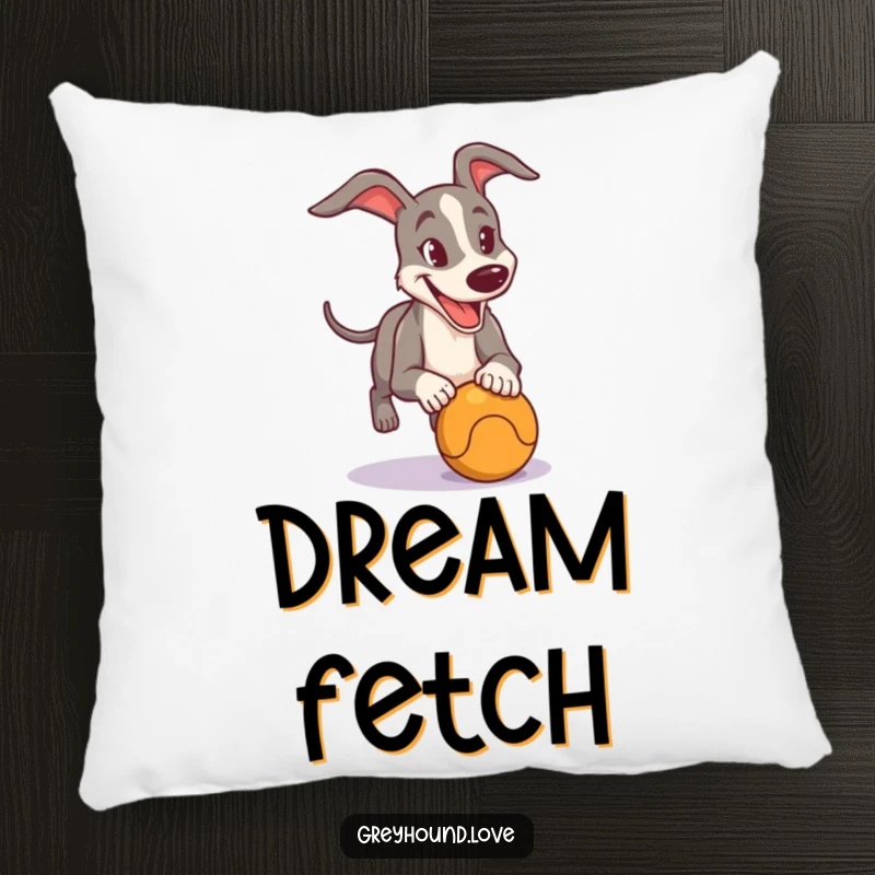 Funny Pillow with a happy greyhound character determinedly chasing a ball, offering comfort and a dose of playful energy.