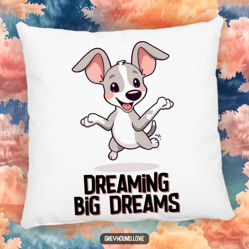 Funny Greyhound Ears Pillow: A playful greyhound with oversized ears leaps joyfully, offering soft comfort and a touch of whimsical humor.