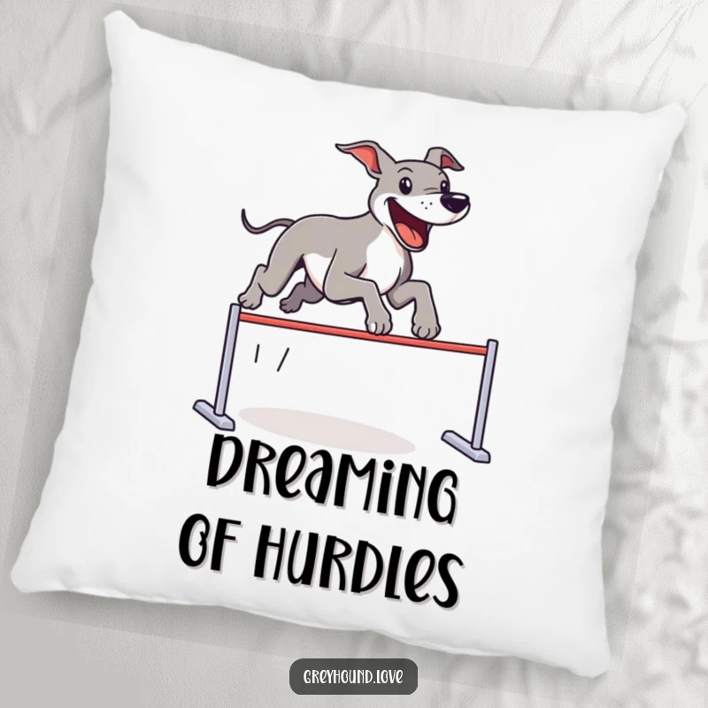 Funny Pillow showcasing a joyous greyhound mid-leap over an imaginary hurdle, adding a touch of playful decor and comfort.