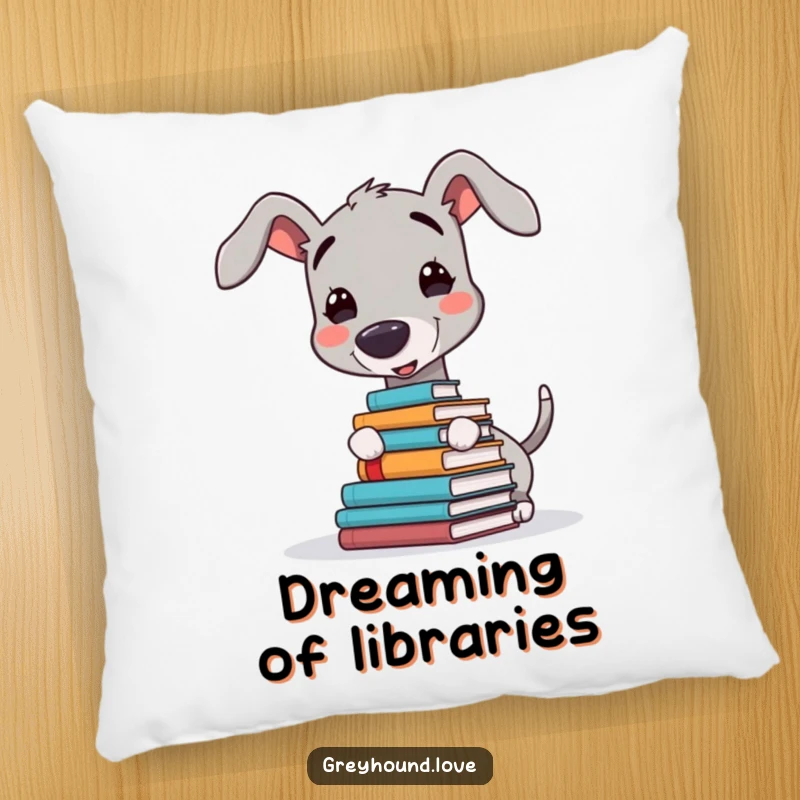 Funny pillow with a delightful greyhound character balancing a stack of books on its nose, adding a touch of cozy humor.