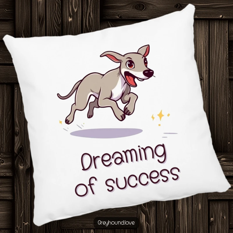 Funny greyhound with a determined look sprinting towards a distant goal on a soft, decorative pillow.