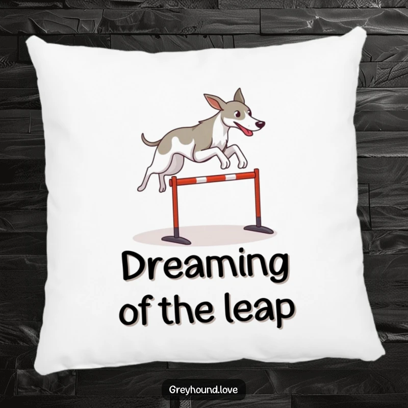 Funny Greyhound pillow featuring a stylized dog leaping over a hurdle, offering comfort and motivational humor.