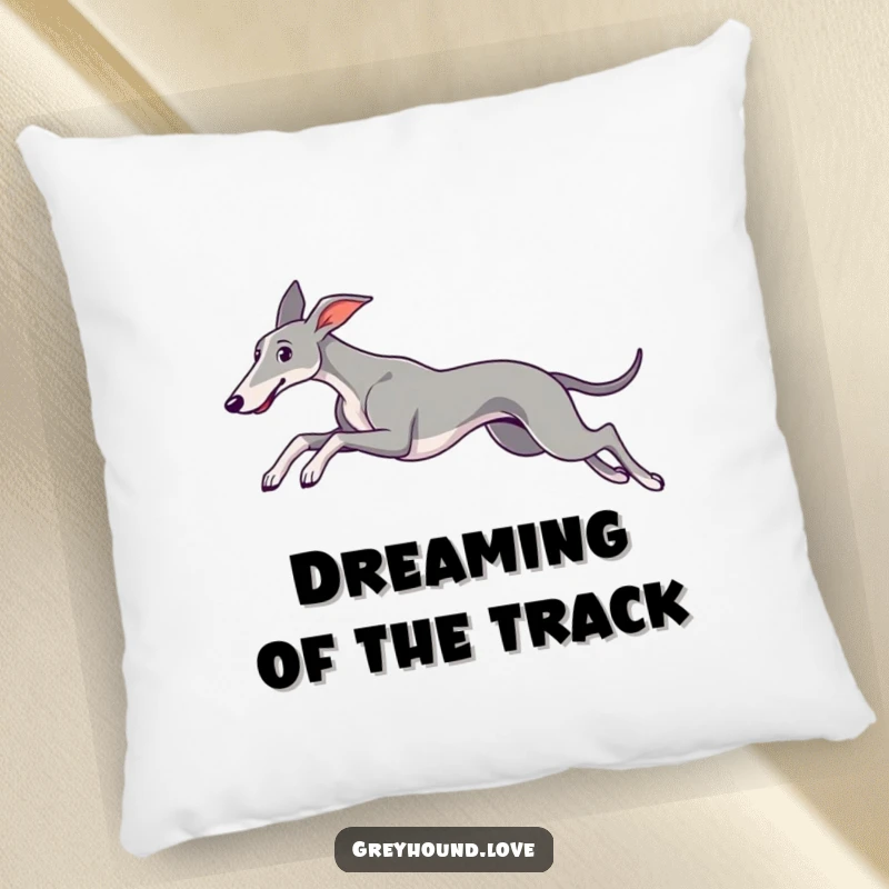 A plush pillow showcasing a sleek greyhound in a breathtaking leap, ears trailing elegantly behind.