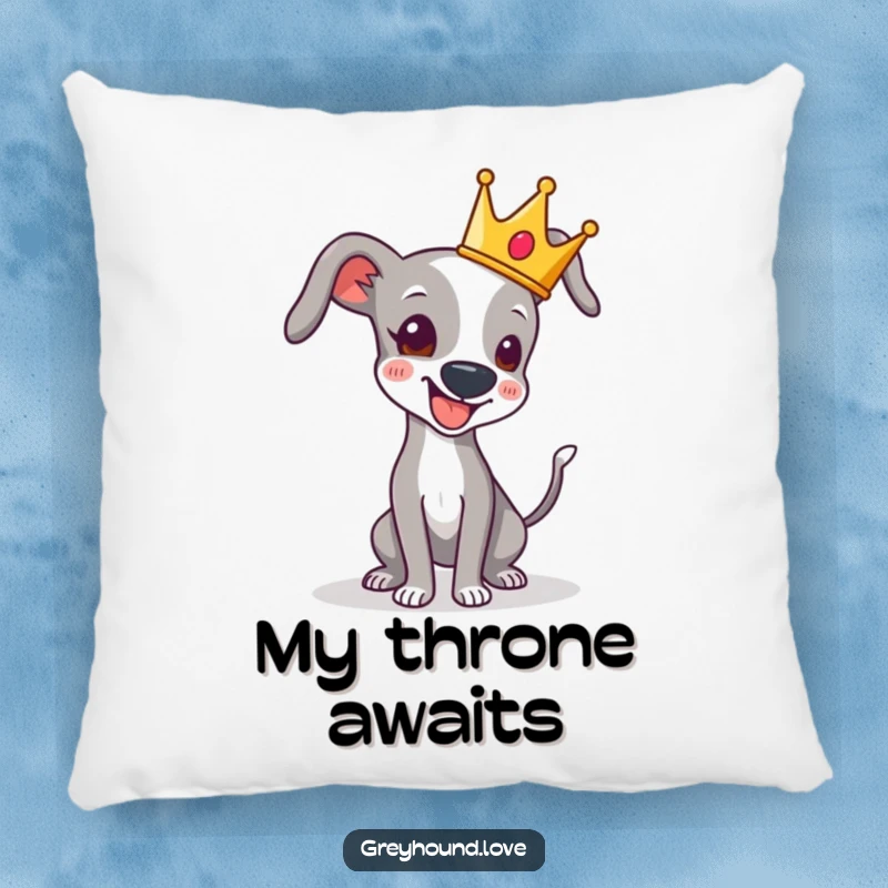 Funny pillow showcasing a greyhound with a crown, its tail wagging happily, adding a touch of playful royalty.