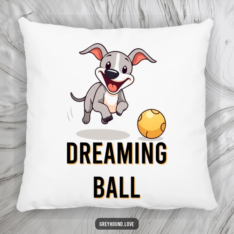 Funny greyhound ball chase pillow, soft and decorative, featuring a happy dog chasing a bouncing ball.