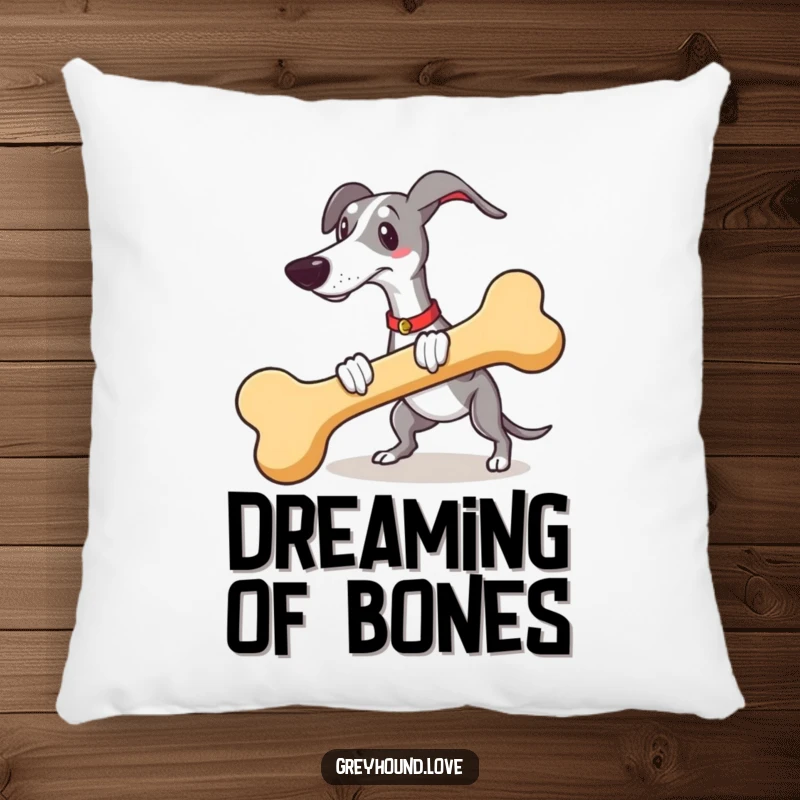 Funny greyhound carrying a giant novelty bone on a plush, decorative pillow for ultimate comfort.