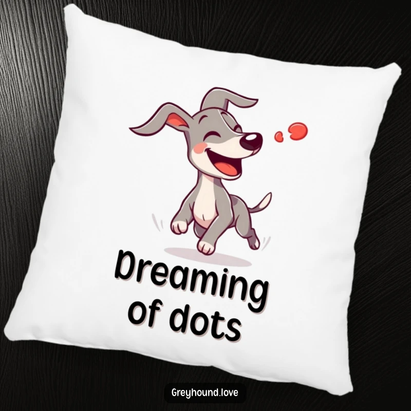 Funny joyful greyhound with ears flapping wildly chasing a blurry red dot, offering humorous comfort and energetic dog-themed decor.
