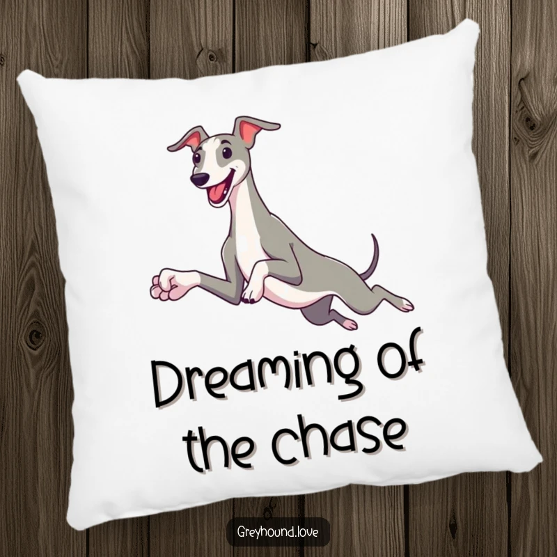 Funny greyhound pillow with a sleek dog and oversized paws leaping joyfully, offering comfort and canine-inspired humor.