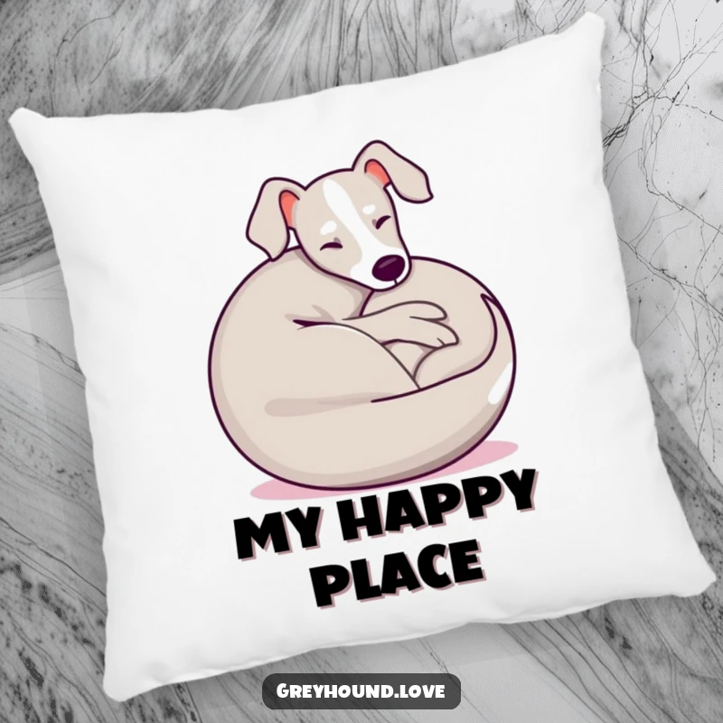 Funny Greyhound Pillow showcasing a playful dog curled into a happy, relaxed ball, offering comfort and a touch of humor.