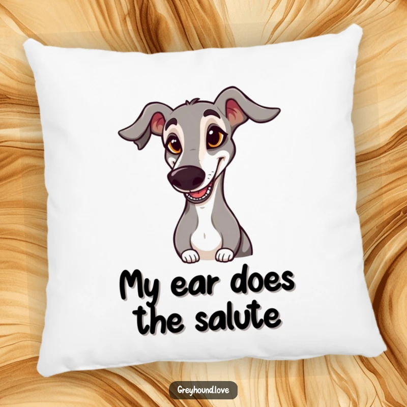 Funny PILLOW: A greyhound with a goofy expression and floppy ear offers a comical salute, perfect for cozy humor.