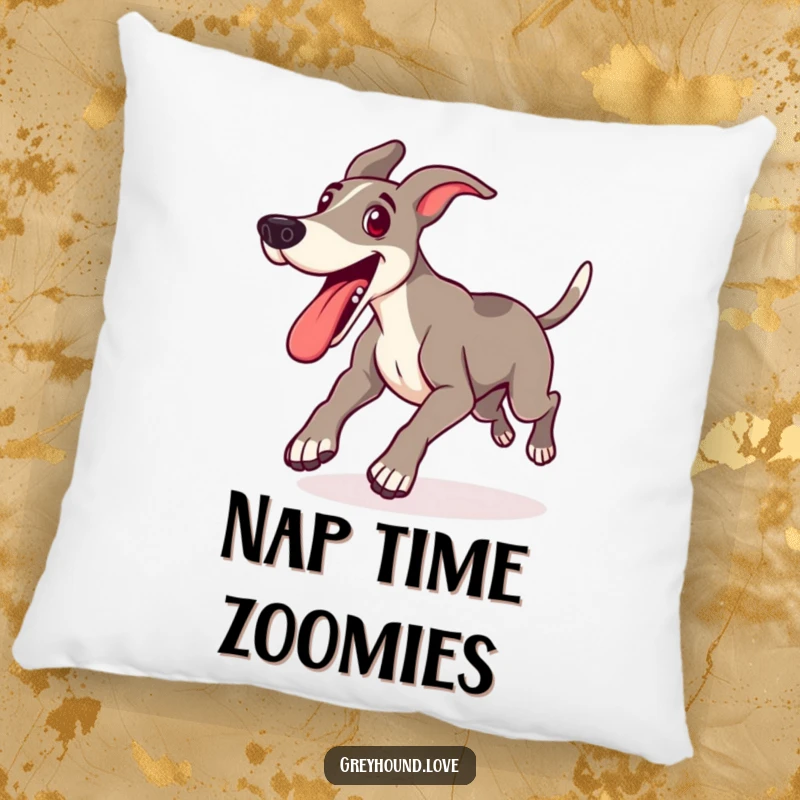 Funny pillow designed with a happy greyhound lunging forward with its tongue out, offering soft comfort and playful energy.