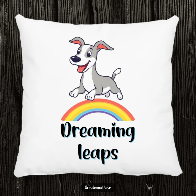 Funny greyhound rainbow pillow, soft and decorative, featuring a happy dog leaping over a colorful arc.