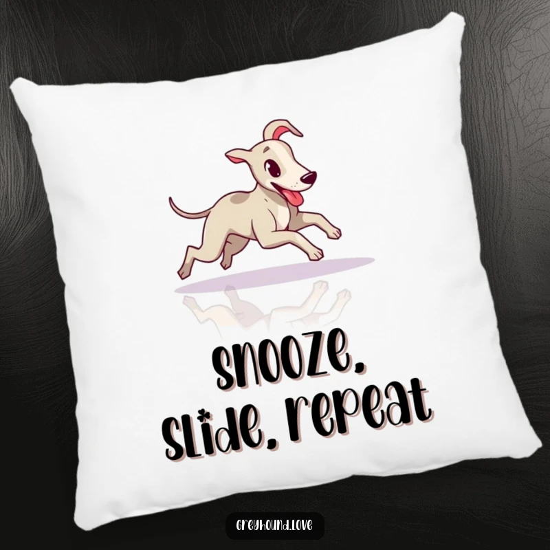 Funny Greyhound Pillow: A soft pillow depicting a greyhound sliding with its tongue lolling.