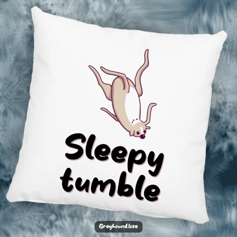 Funny Pillow with a greyhound character performing a silly somersault, offering comfort and a dose of acrobatic humor.