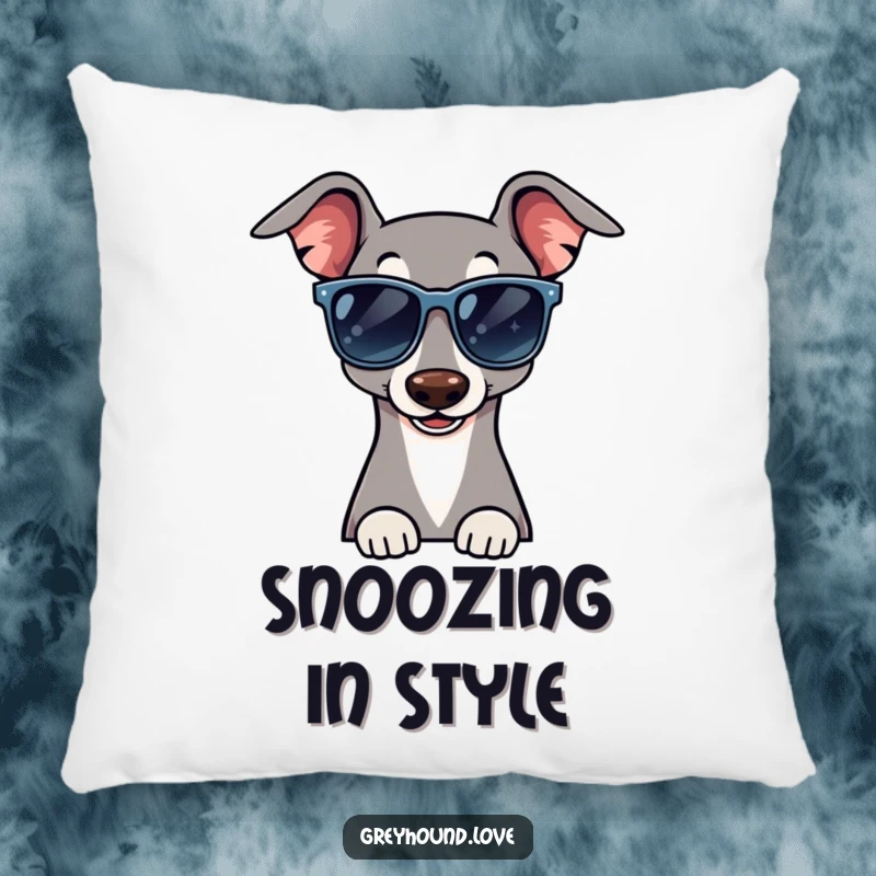 Funny pillow depicting a greyhound wearing huge sunglasses and giving a playful wink, radiating effortless cool and charm.