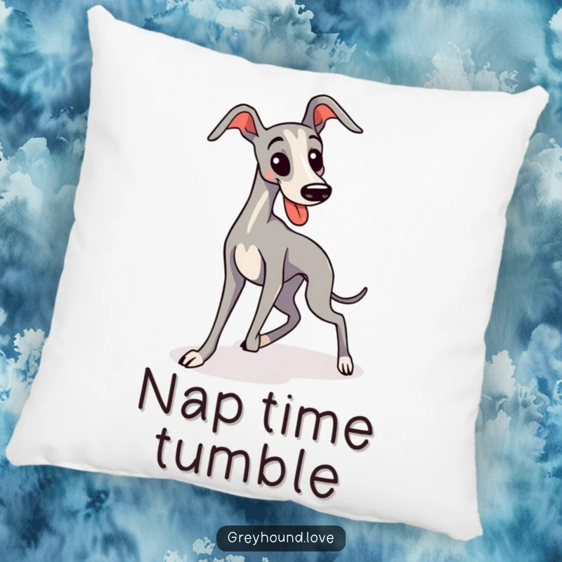 Funny, sleek, kawaii greyhound comically trips over its long legs, offering humorous comfort and adorable dog-themed decor.