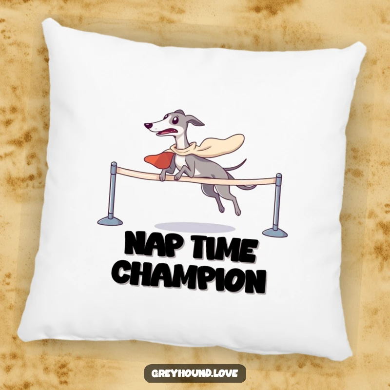 Funny greyhound wearing a cape victoriously crossing a finish line, depicted on a soft, decorative pillow.