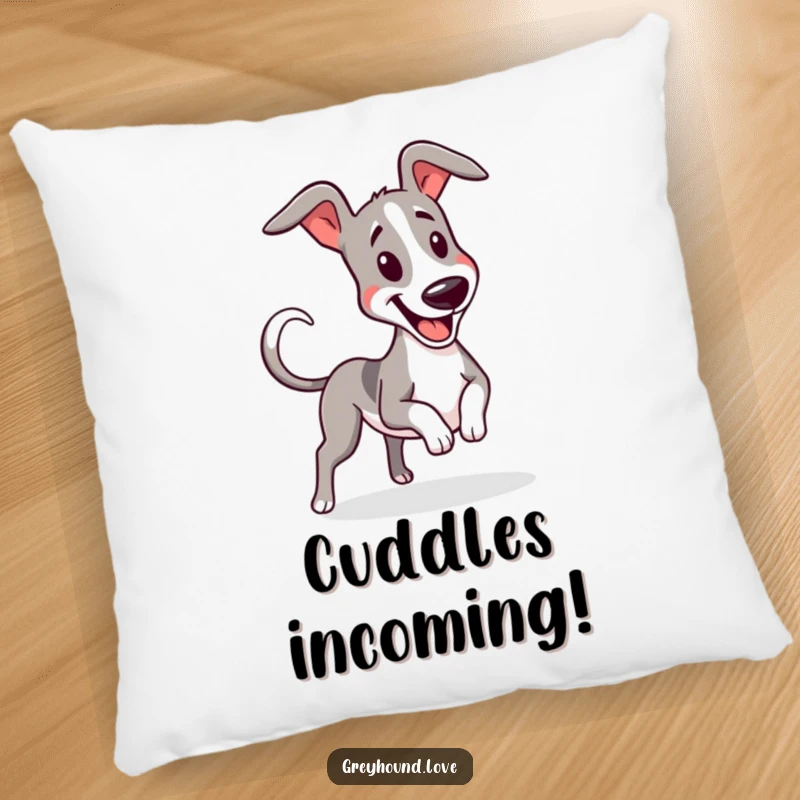 Funny greyhound wiggling with a furiously wagging tail on a soft, decorative pillow.