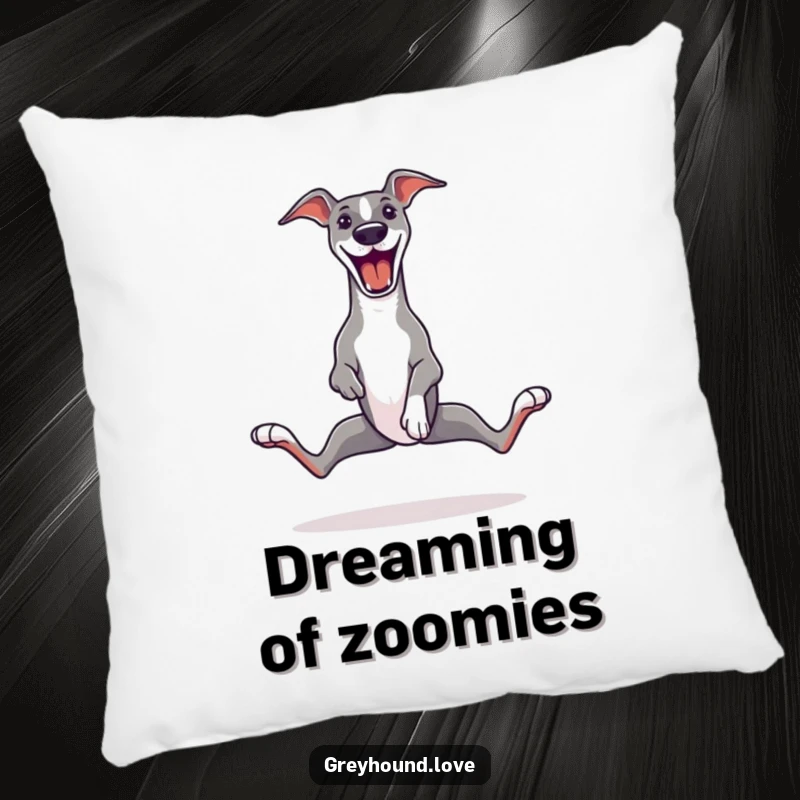 Funny Greyhound Pillow showcasing a greyhound in the midst of a joyful zoomie, legs splayed in a hilarious, free-spirited pose.