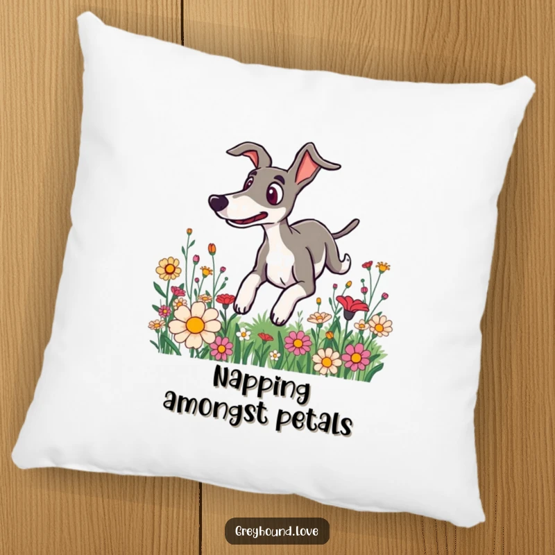 Funny pillow showcasing a greyhound with a surprised expression, tumbling through flowers, adding whimsical comfort.