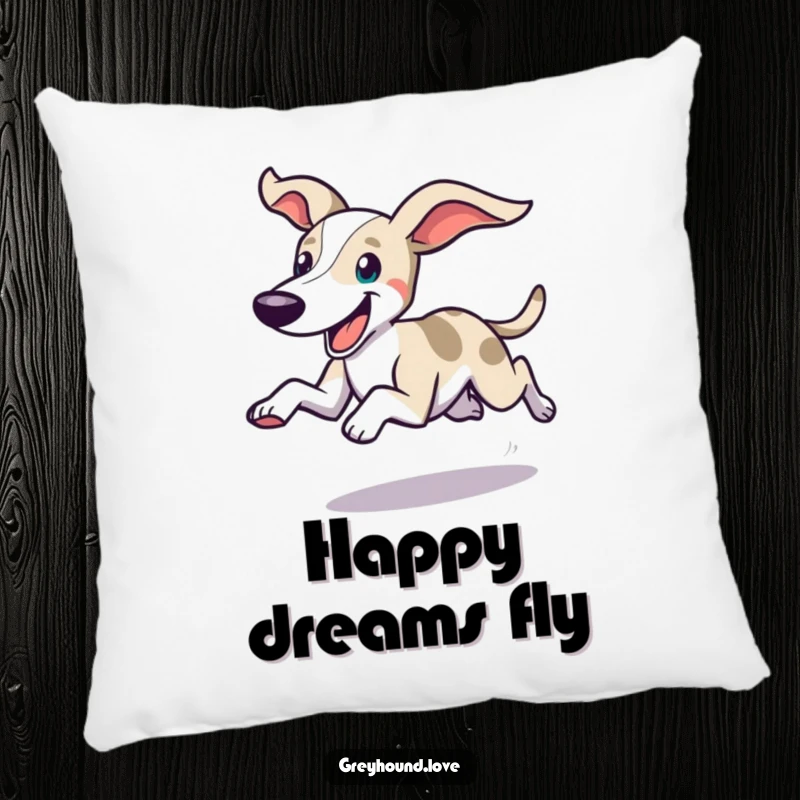 Funny decorative pillow featuring a greyhound dashing with ears flying and a happy expression, offering comfort and infectious joy.