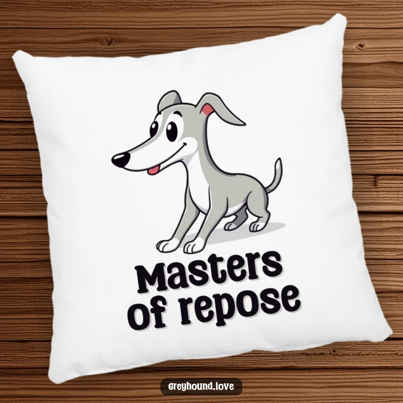 Funny Greyhound pillow featuring a cute character in an elegant, smiling stretch, offering comfort and a touch of class.