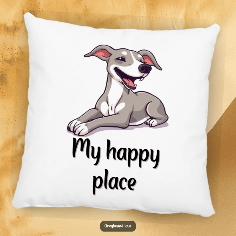 Funny greyhound in a luxurious stretch pose with a happy sigh on a soft, decorative pillow.