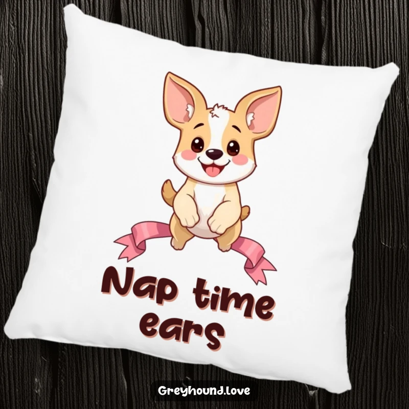 Funny Dog Pillow: A happy dog character with exaggerated ears joyfully leaping over a ribbon, adding a playful touch to any space.