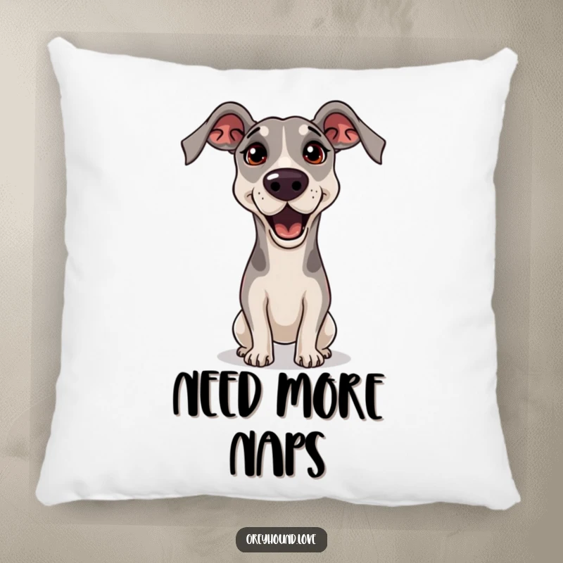 Funny Greyhound Pillow featuring a greyhound begging with a tilted head and pleading eyes, designed for maximum cuteness and comfort.