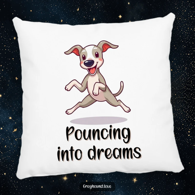 Funny Greyhound Pillow: A greyhound in a funny zoomie pose with legs splayed, offering plush comfort and humour.