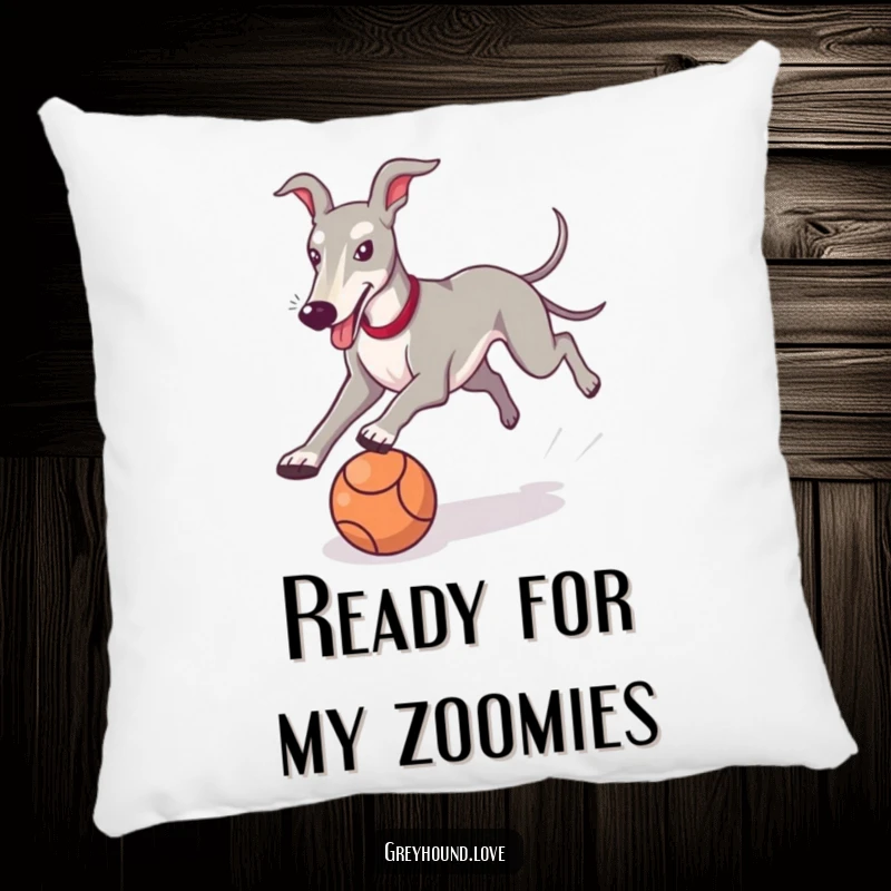 Funny Greyhound Pillow featuring a happy dog chasing a ball, offering comfort and comedic charm for any room.