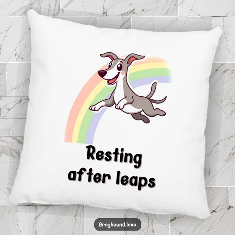 Funny pillow featuring an excited greyhound character leaping over a colorful rainbow with a happy grin.