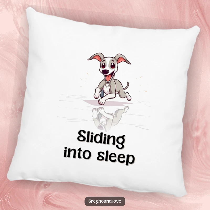 Funny slender greyhound playfully sliding with tongue out, offering humorous comfort and sleek dog-themed decor.