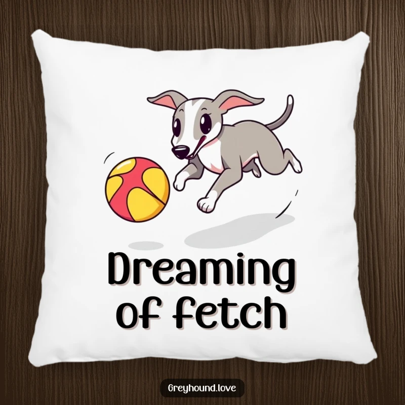 A soft pillow adorned with a greyhound playfully chasing a colorful bouncing ball, offering energetic comfort.