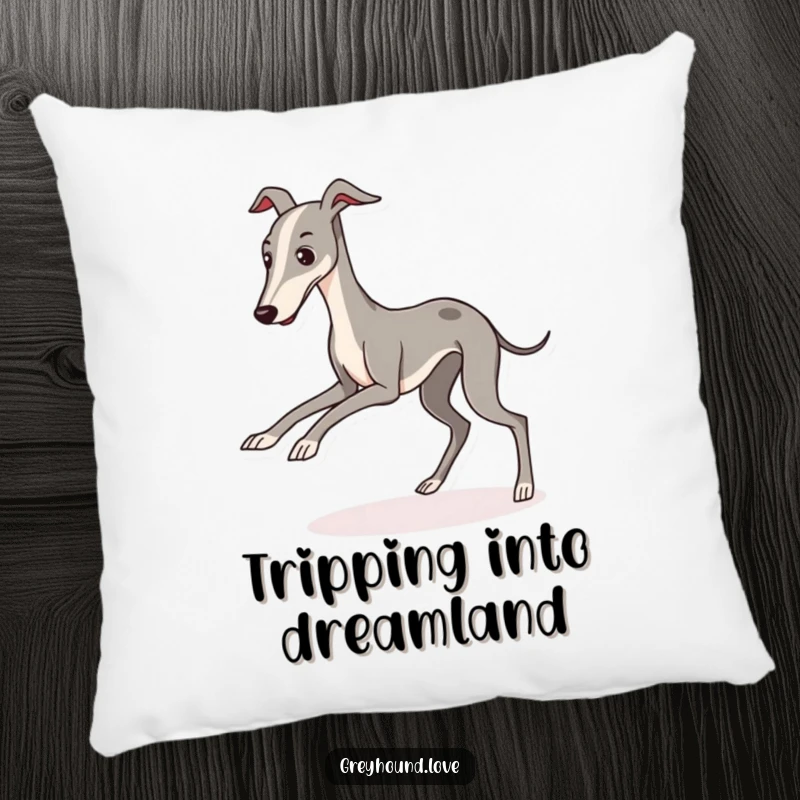 A plush pillow showcasing a kawaii greyhound character comically tripping, offering cozy humor.