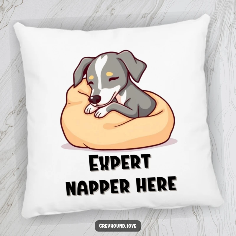 Ultra cozy greyhound pillow, snuggling comfortably in a soft blanket, soft and snuggly dog decor, perfect funny gift for relaxation.