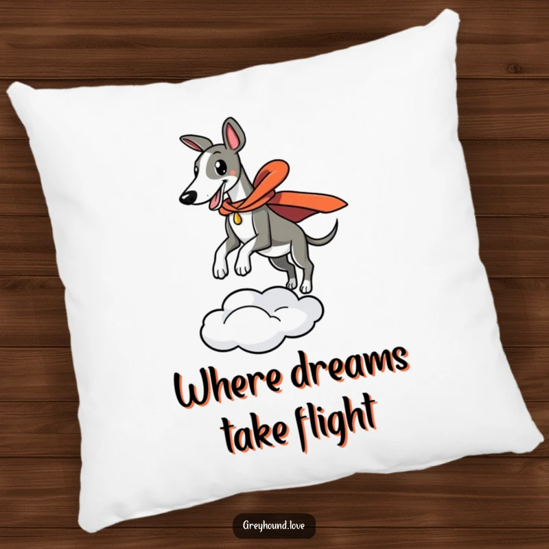 Funny pillow showcasing a greyhound in a cape mid-leap from a cloud, adding a touch of fantasy and humor to any seating.