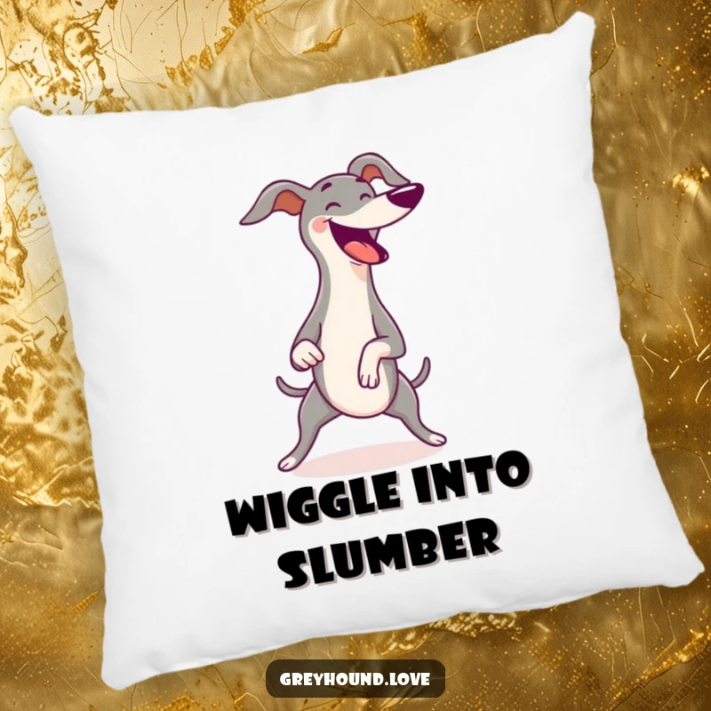 Funny Greyhound Pillow featuring a greyhound wiggling its body with pure joy, designed to bring comfort and happiness.