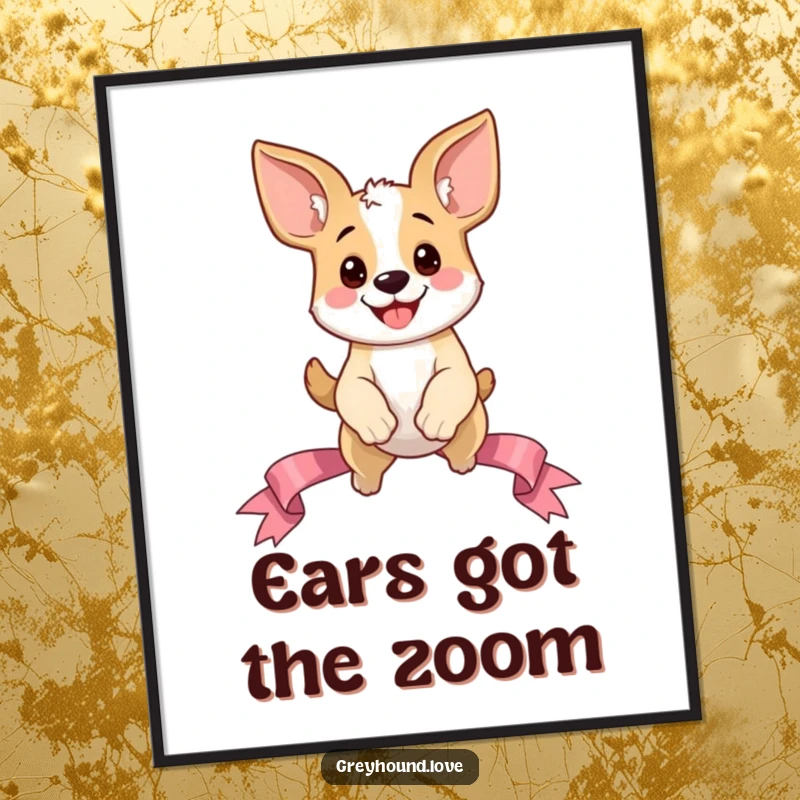 Funny Dog Digital Art Print: Happy oversized ear dog character in a dynamic leap over a ribbon, capturing a moment of pure, energetic happiness.