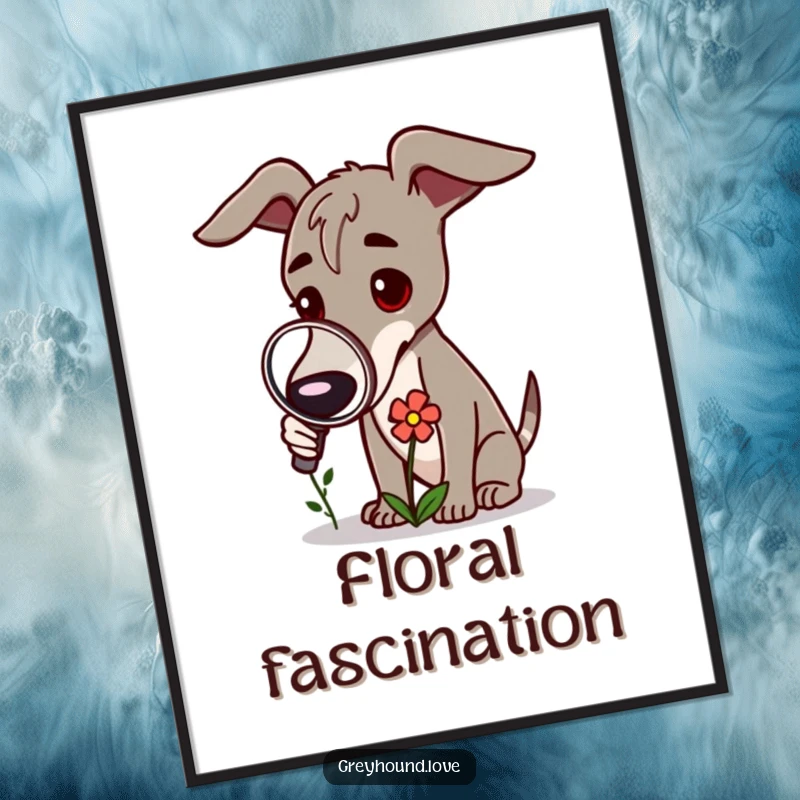 Funny Greyhound Digital Art: A curious greyhound uses a magnifying glass to examine a small flower.