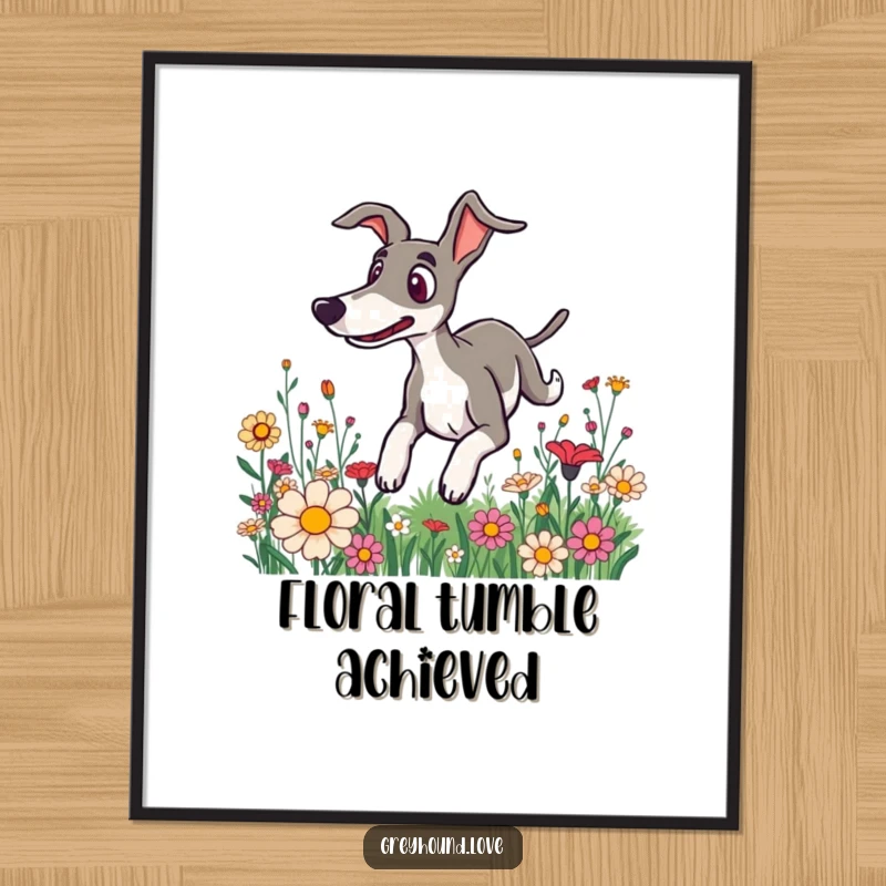 Funny digital art of a greyhound with a surprised expression, tumbling through a colorful flower field, evoking playful chaos.