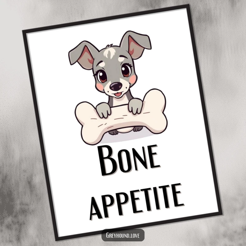 Funny Digital Art Print of a curious greyhound peeking from behind a large bone, offering instant playful charm.