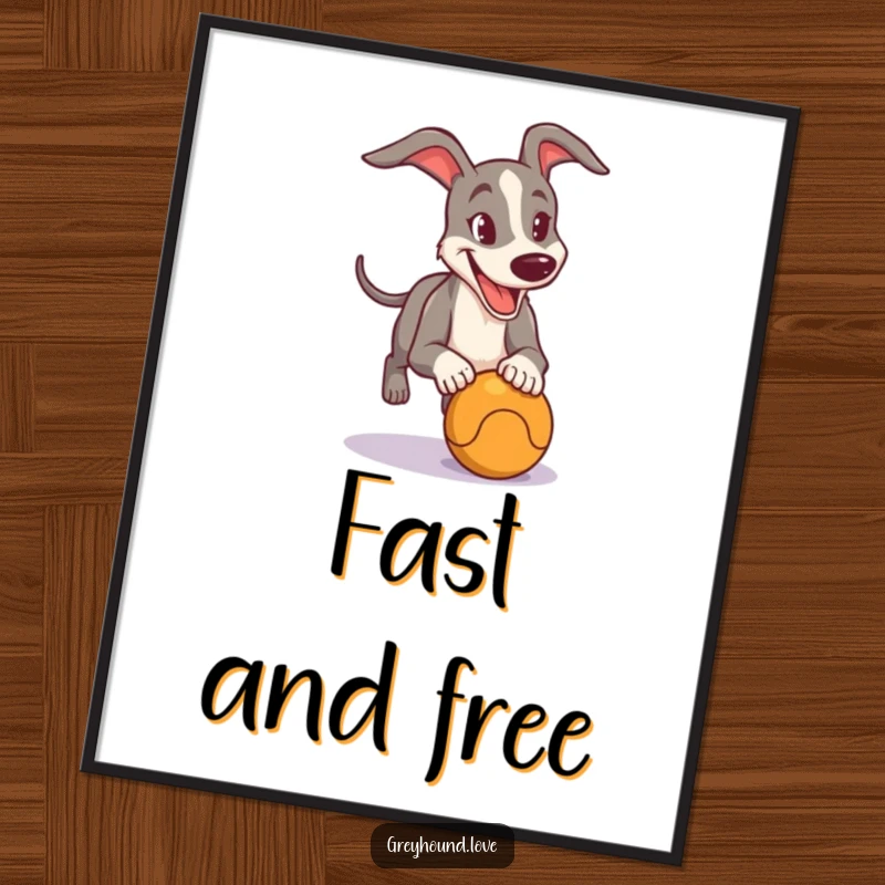 Funny Digital Art Print of a joyful greyhound determinedly chasing a ball, capturing speed and playful energy.