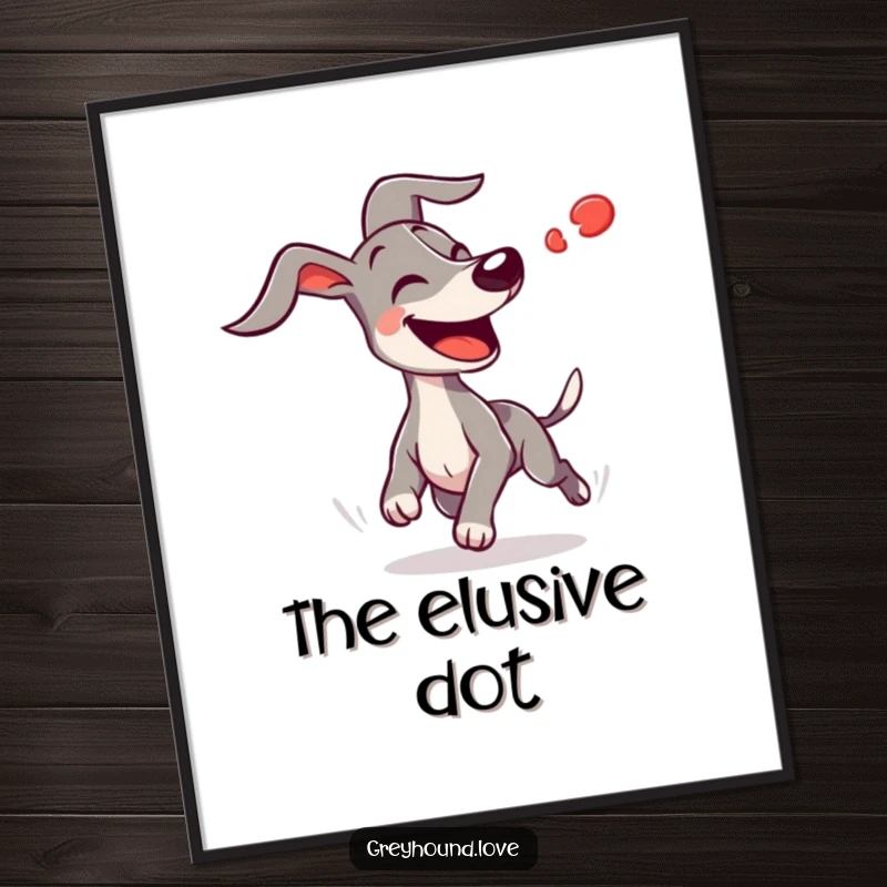 Funny joyful greyhound with ears flapping wildly chasing a blurred red dot in this digital art, perfect for humorous dog decor.