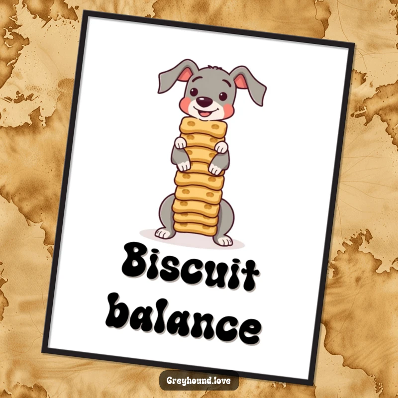 Funny DIGITAL ART PRINT: A greyhound character masterfully balances a tall stack of dog biscuits, perfect for humorous display.