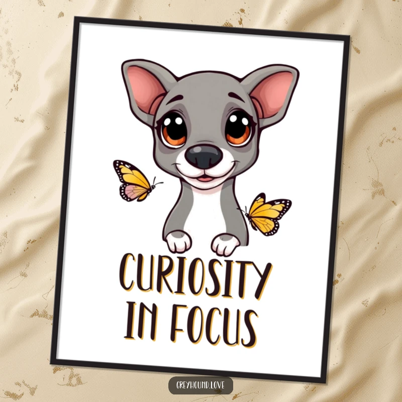 Funny Greyhound digital art print of a dog with big, happy eyes curiously observing a butterfly, evoking gentle fascination.