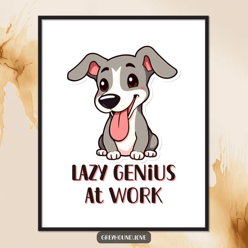 Funny Greyhound Digital Art Print: A happy, panting greyhound with a raised floppy ear, ready to bring smiles.