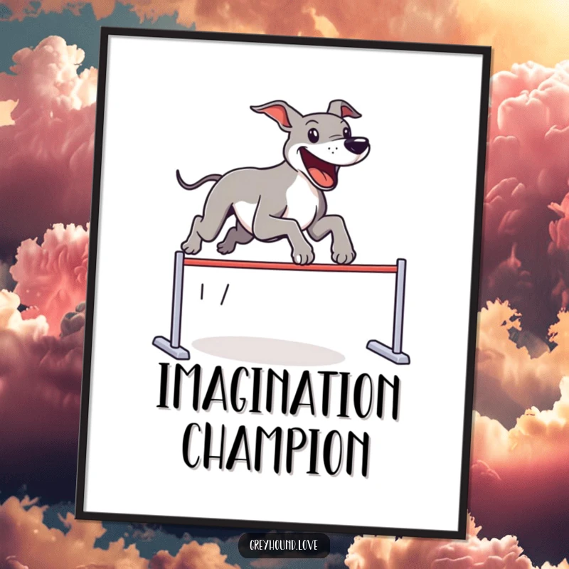 Funny Digital Art Print of a greyhound joyfully jumping over an invisible hurdle, conveying pure athletic fun and playful spirit.