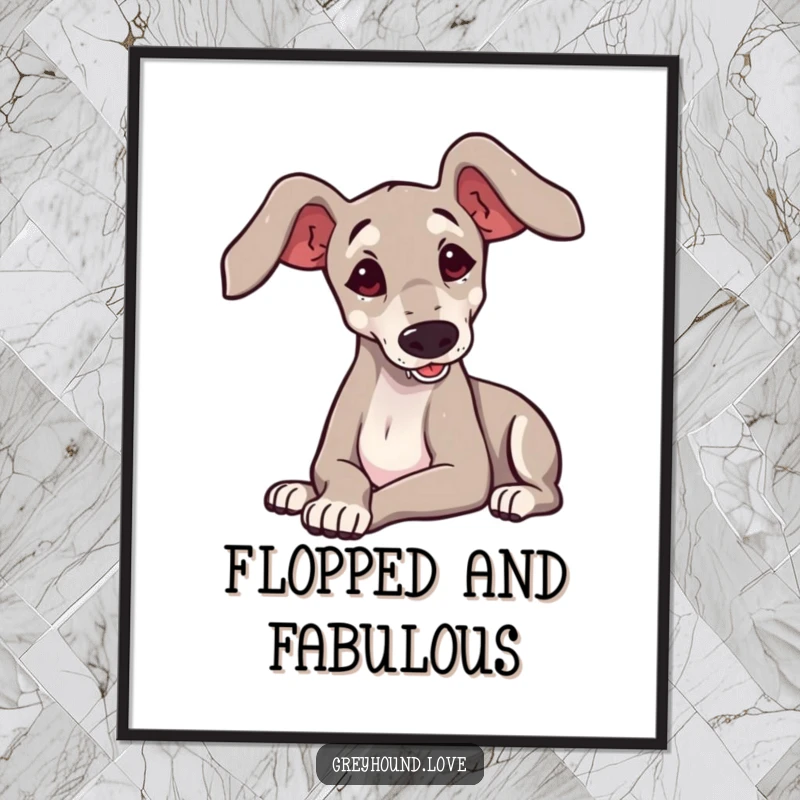 Funny greyhound with large ears playfully flopping onto its side, as a digital art print for instant wall decor.