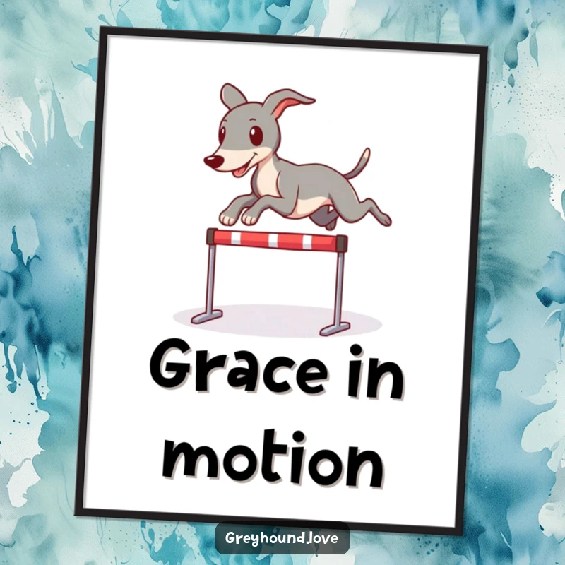 Funny digital art print of a sleek greyhound character energetically leaping over a tiny hurdle, perfect for dynamic wall decor.